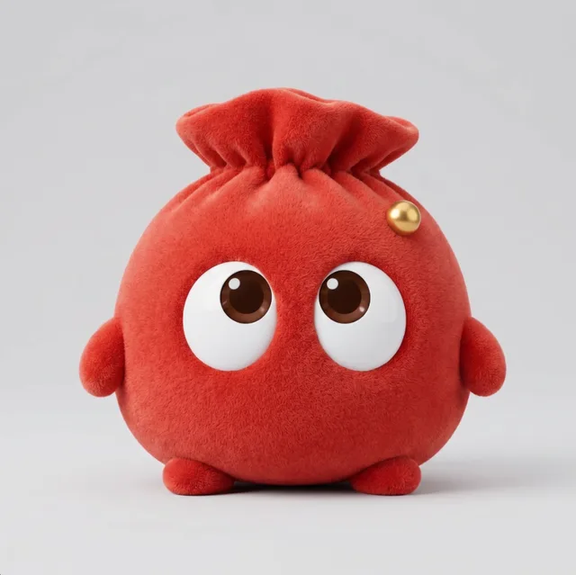 Anmo, the official mascot: a red plush fortune pouch with a champagne-gold bead, looking straight at you