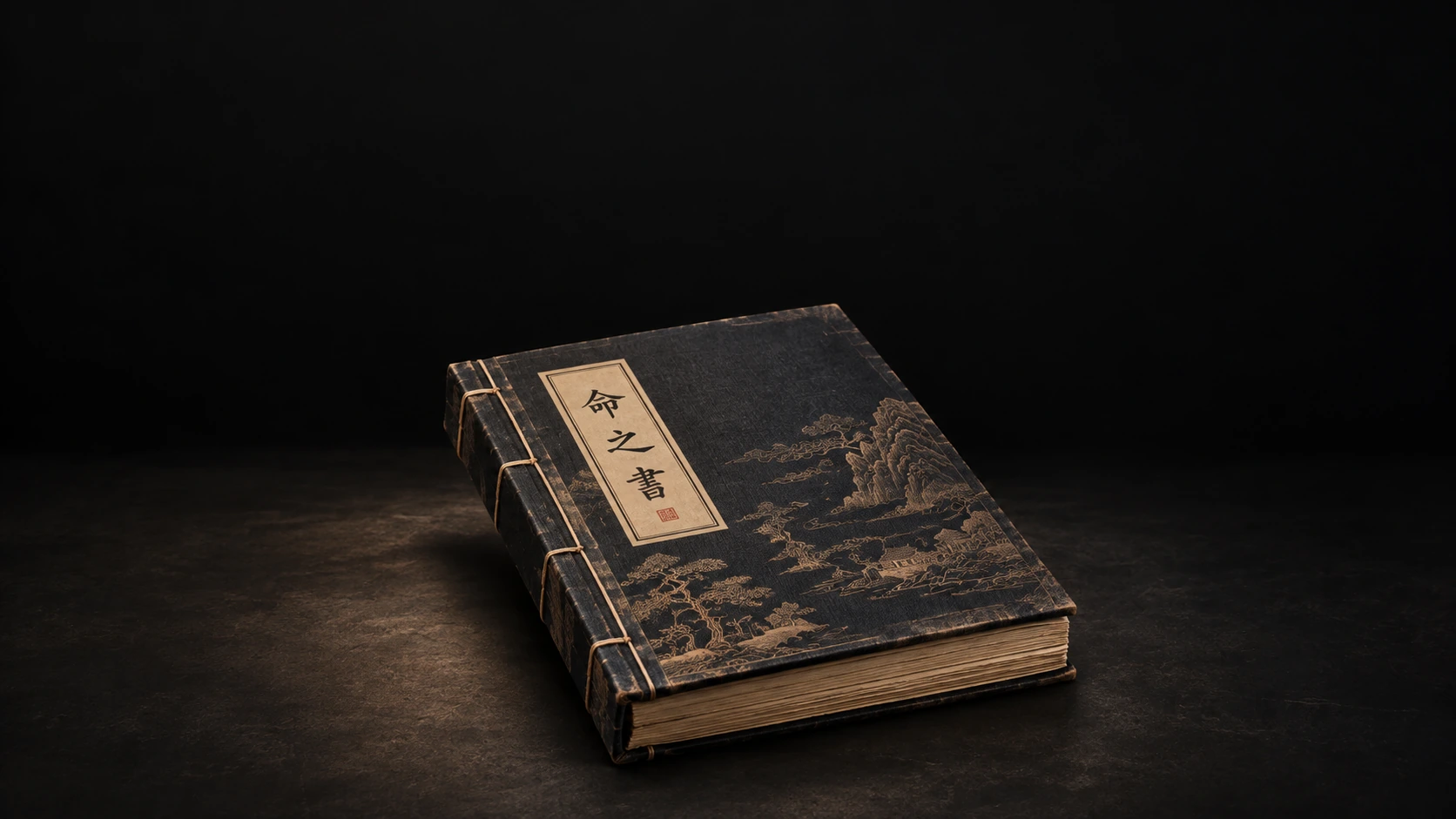 Black thread-bound classical book, Life Book, with a landscape motif on the cover