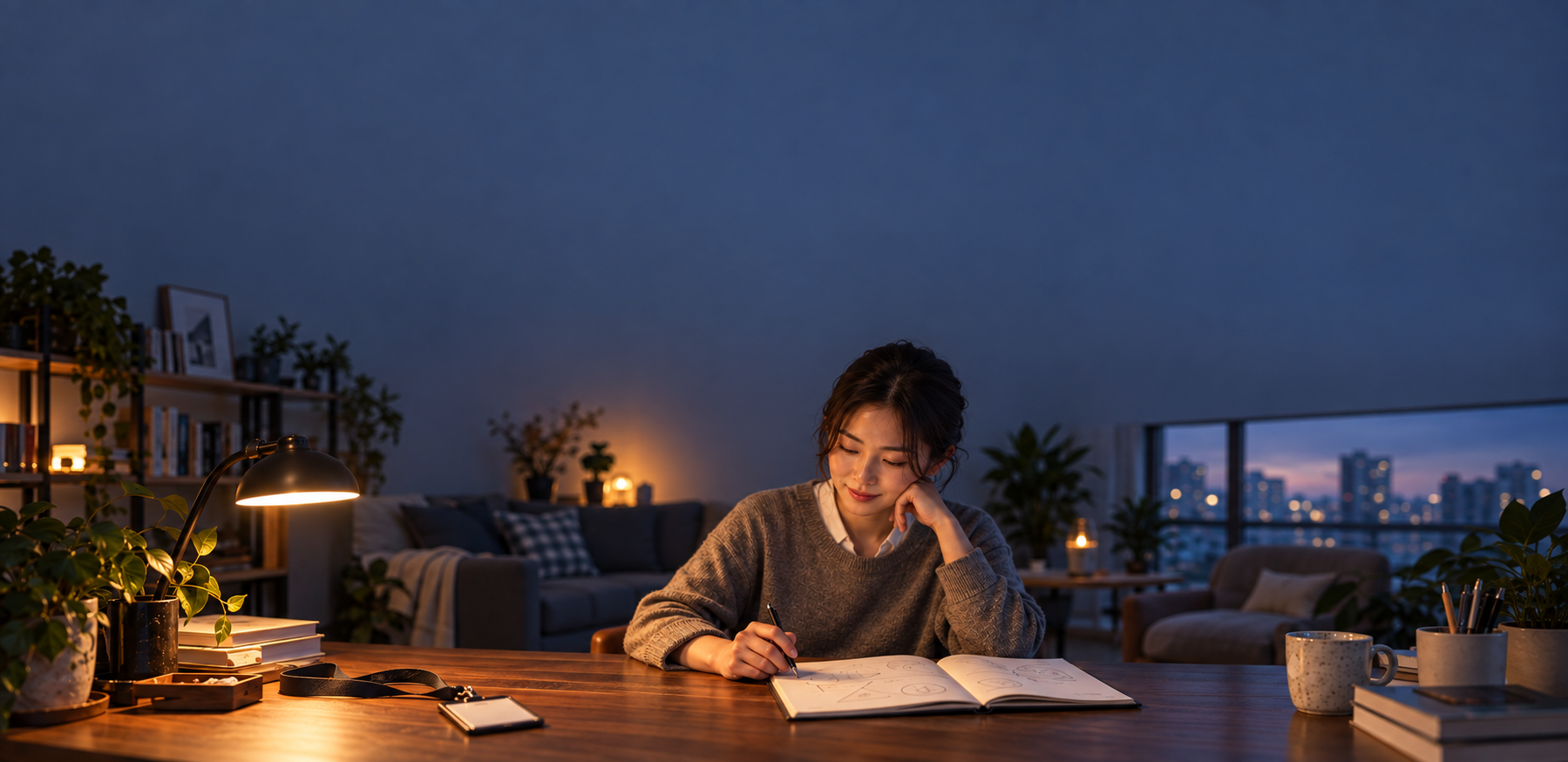 At dusk, someone thinking over a work badge and notes for a personal project—brand scene illustration