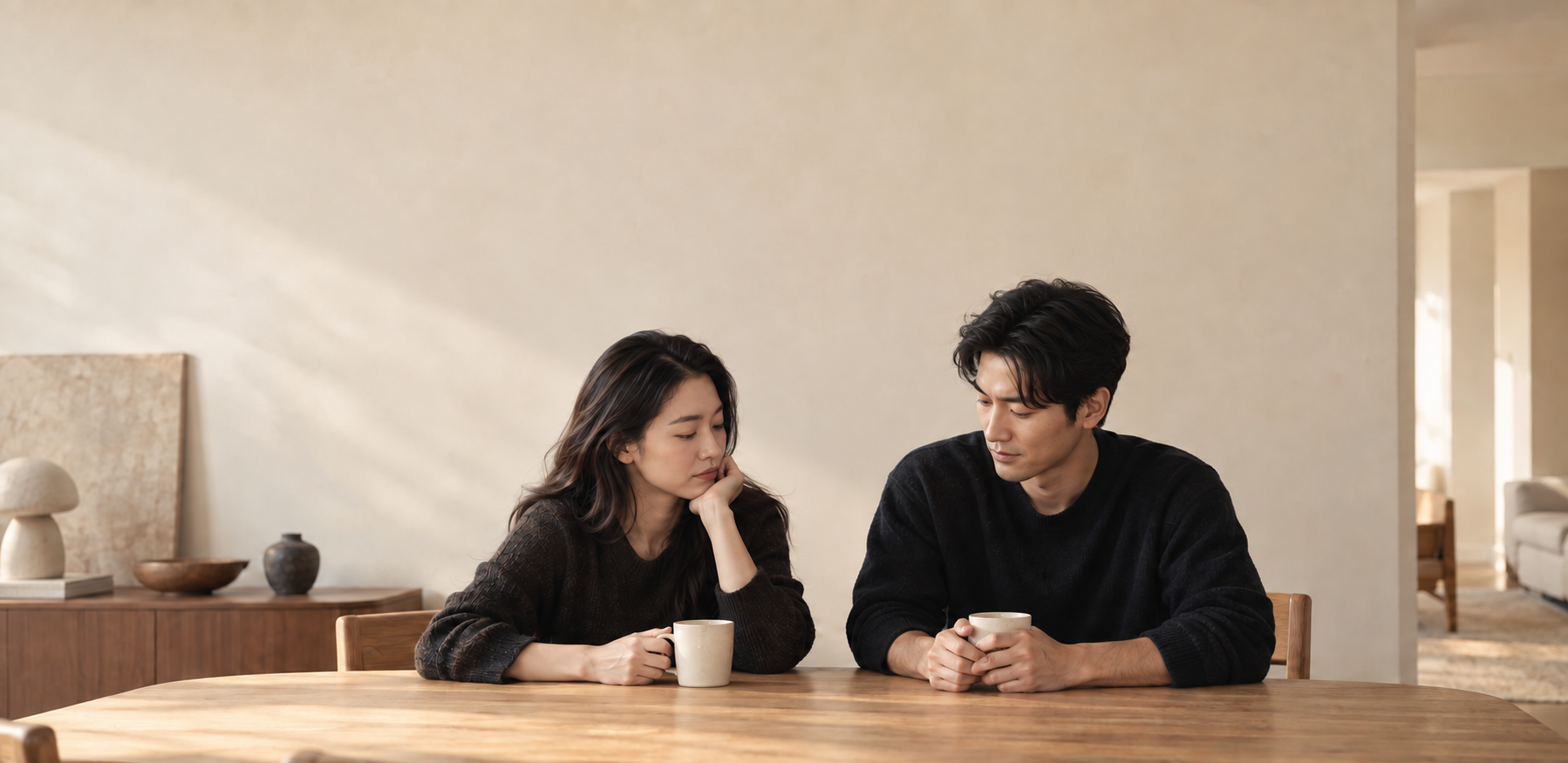 Two people quietly reflecting after a disagreement—brand scene illustration