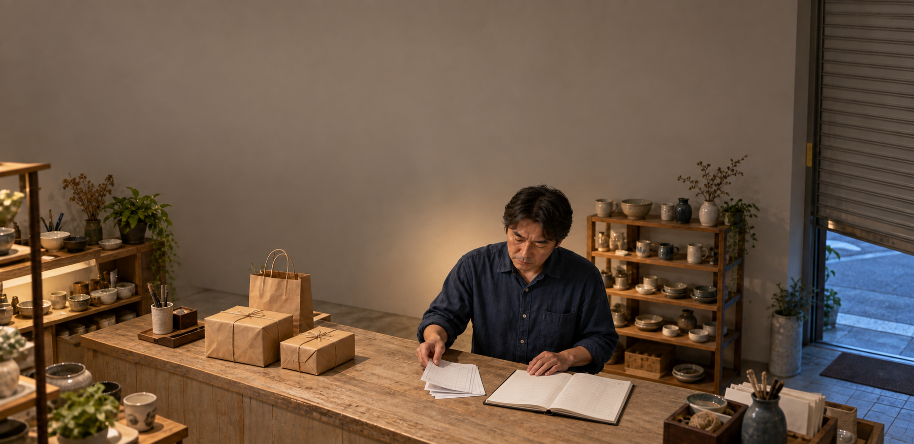 Small-shop owner thinking over orders and ledgers after closing—brand scenario illustration
