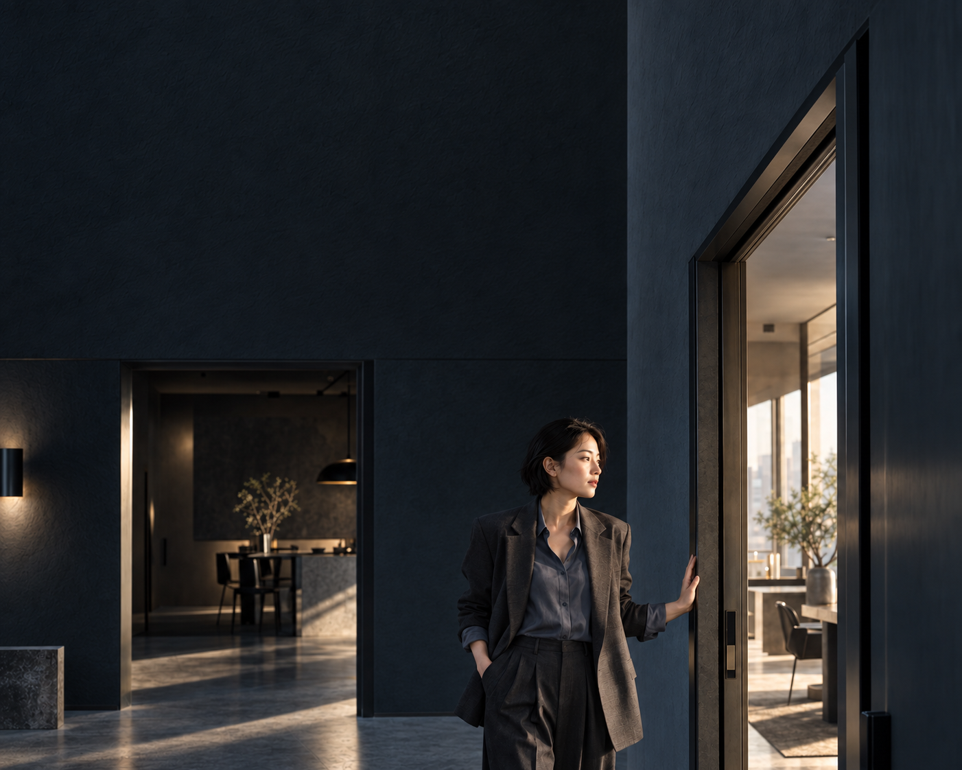 An adult standing before a workspace, thinking about the next step—career choice concept scene