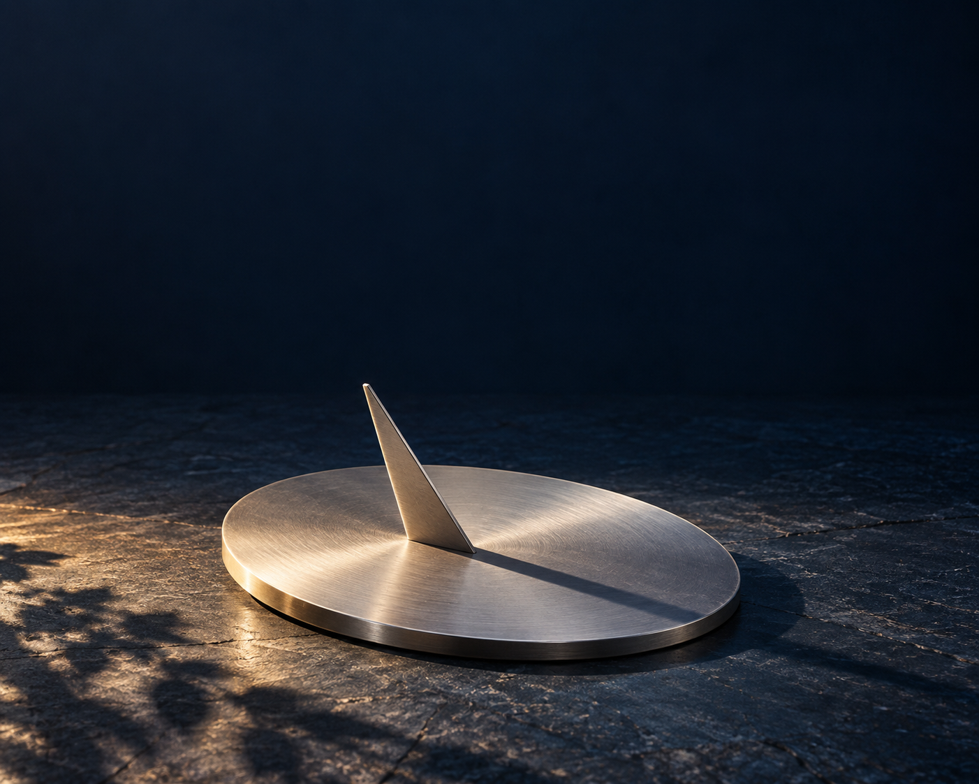 Silver-white sundial with seasonal light and shadow, a conceptual scene expressing the annual rhythm.