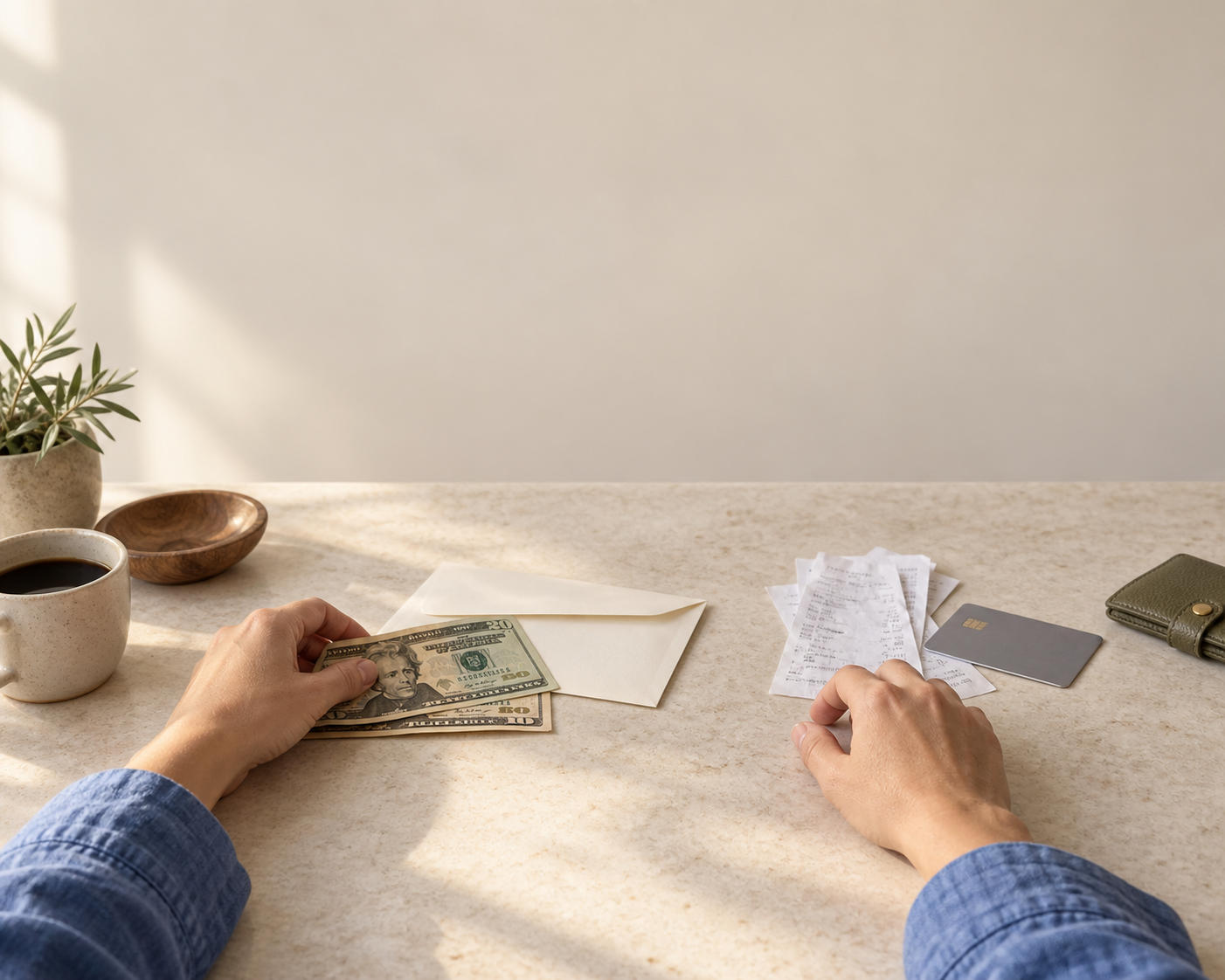 Two hands arranging a small amount of cash, bank cards, and everyday receipts, a conceptual scene expressing income allocation and accumulation.