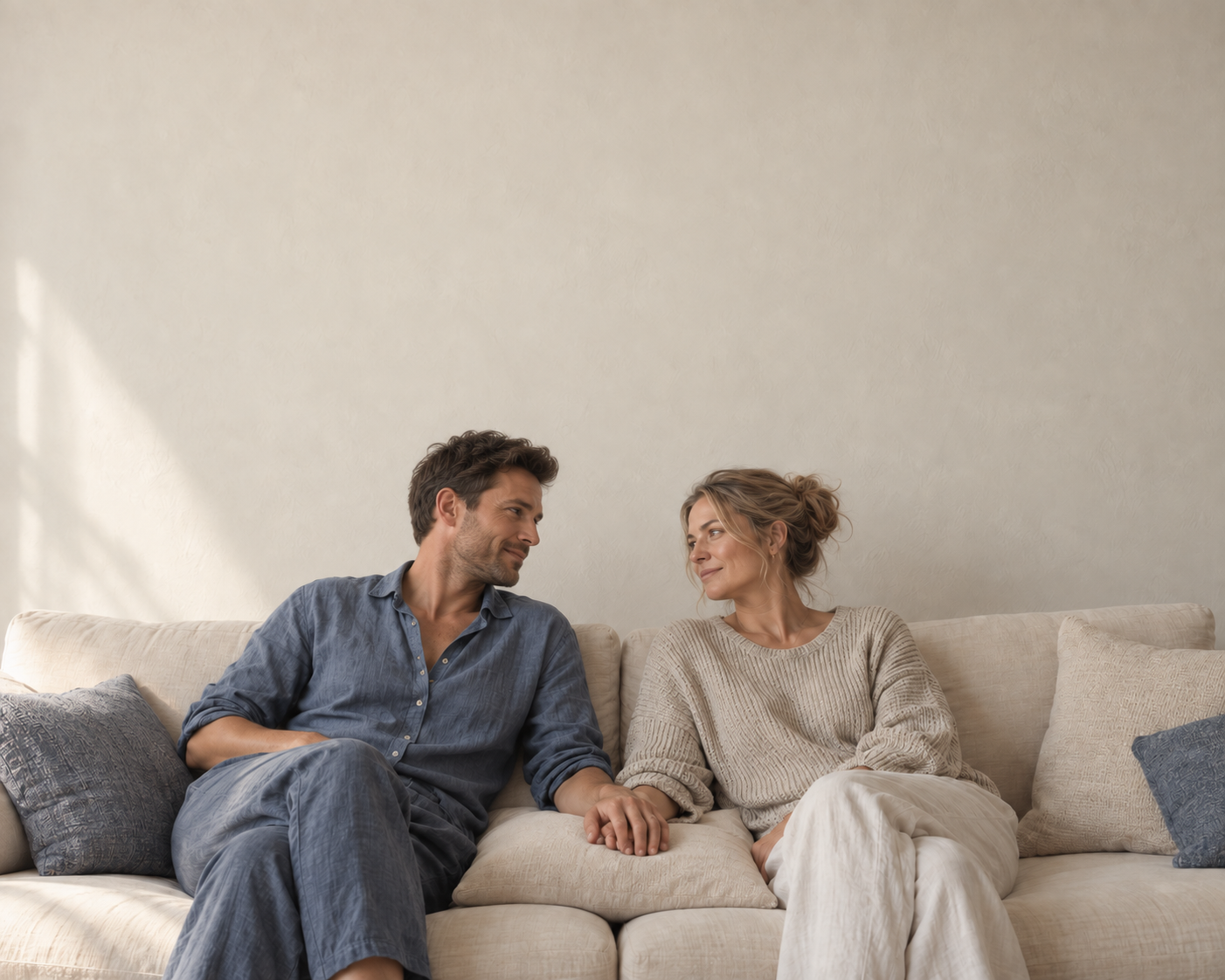 A man and a woman, two adult partners, naturally touching hands in a cream-colored home—a conceptual scene of love and marriage.