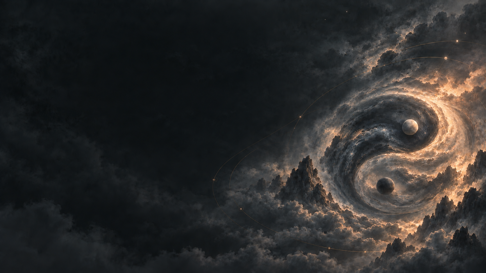 BaZi chart imagery composed of nebulae, mountains, and planetary orbits