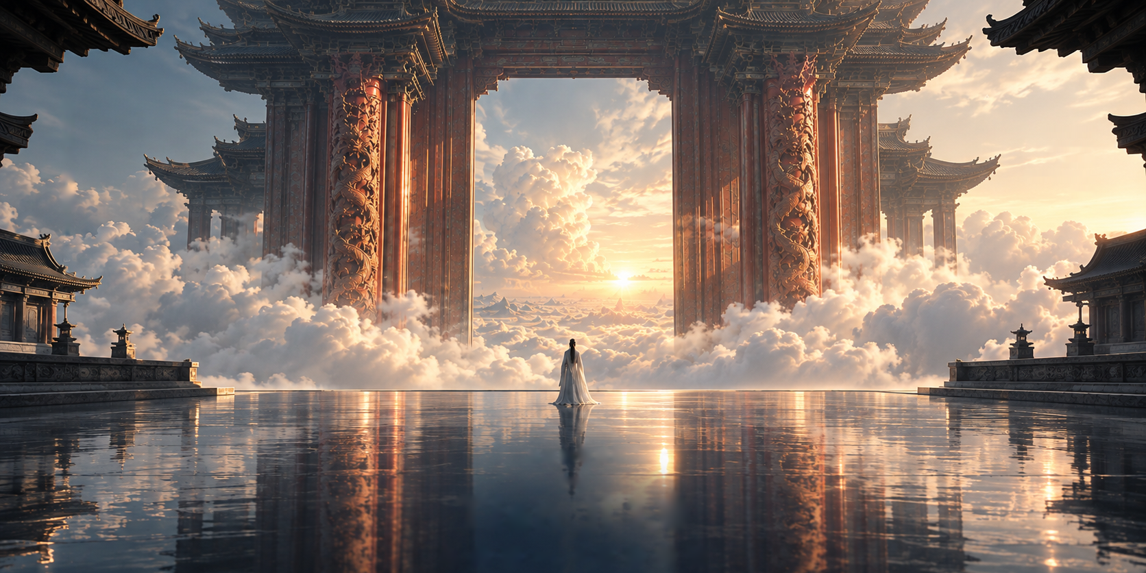 Key visual of the Heavenly Gate: gate, sea of clouds, sunrise, mirror-like water, and a figure in white
