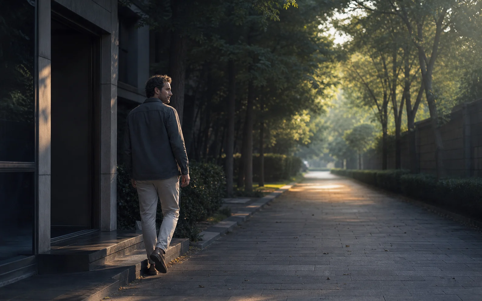 A person walking toward open ground