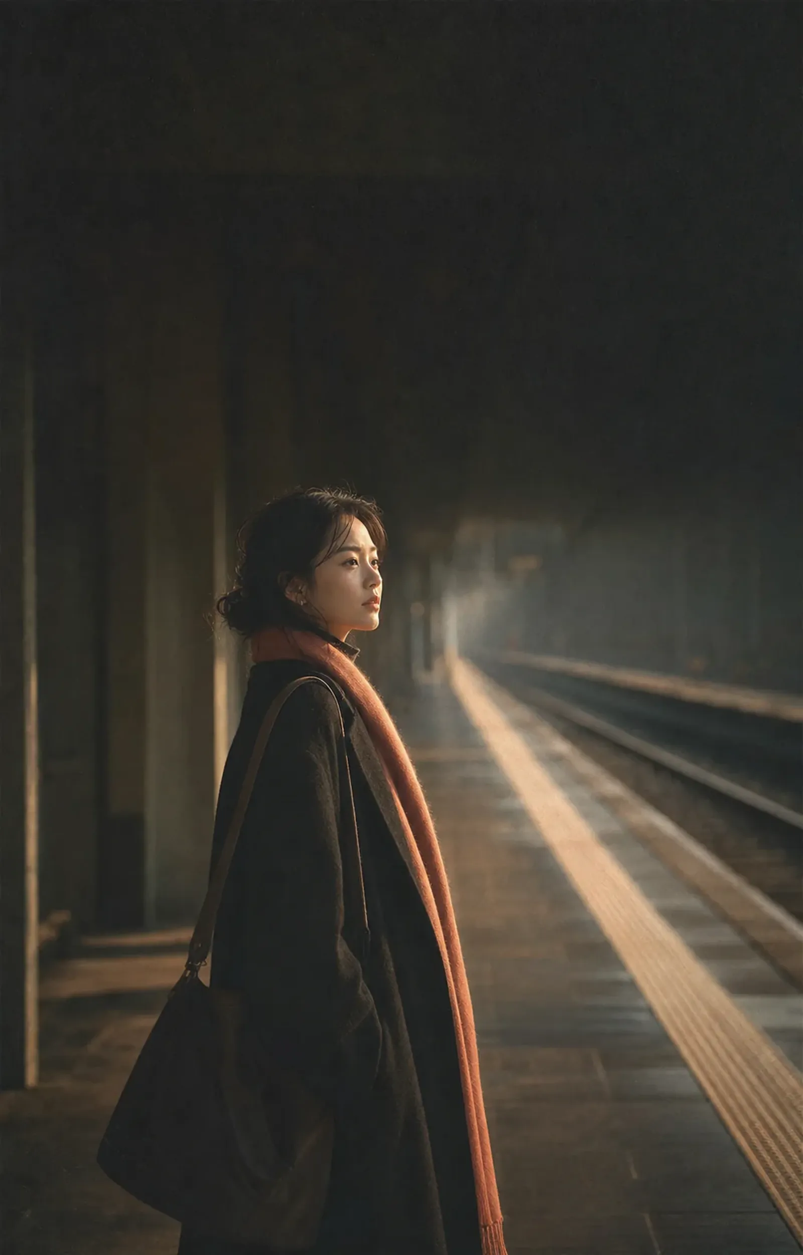 A person walking forward along the light