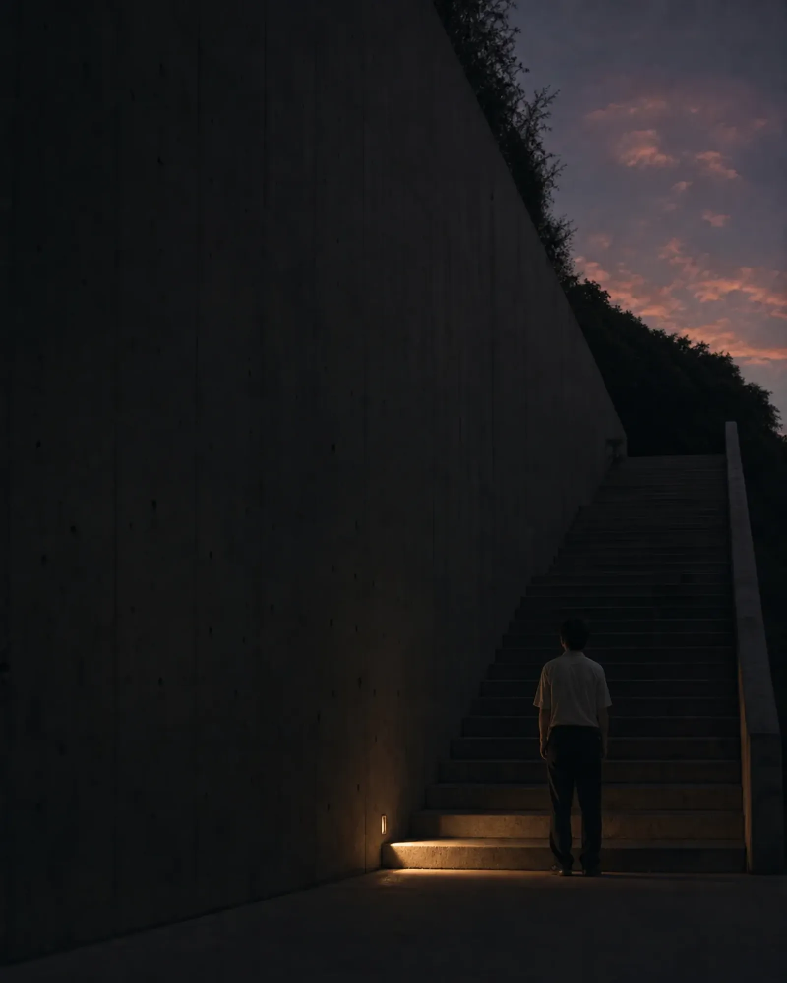A person pausing before an upward path at dusk
