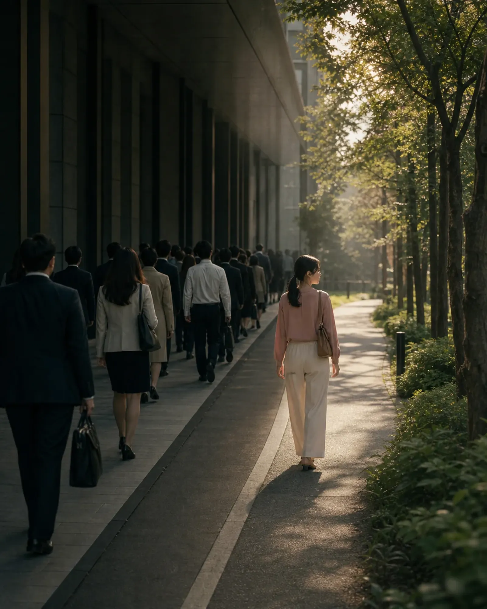 A person pausing alone at a city crossing
