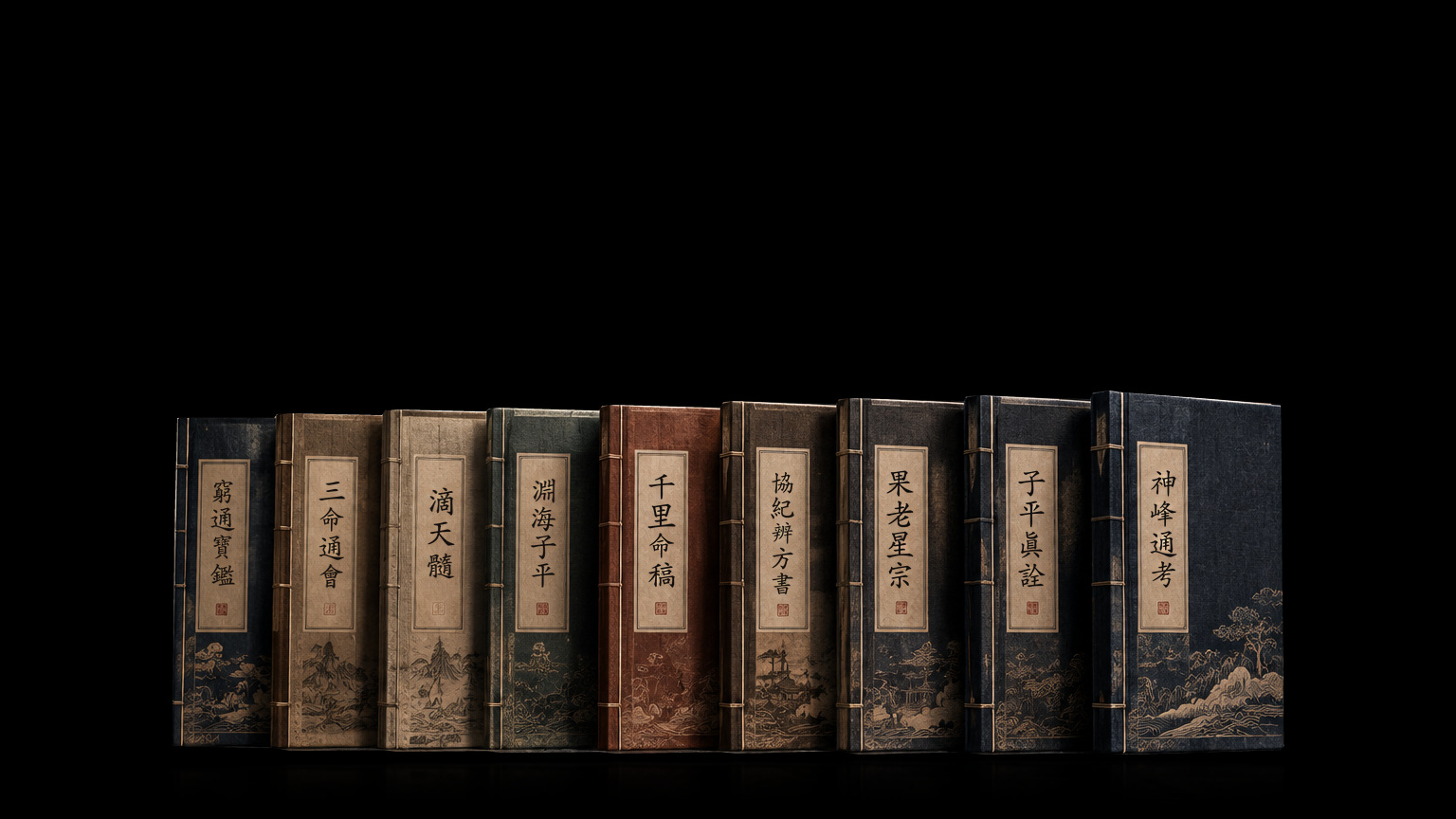 An array of nine ancient BaZi classics on a black background, a brand concept image.